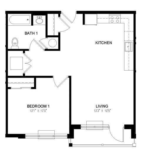 Floor plan for 1 bed, 1 bath, 661 sqft